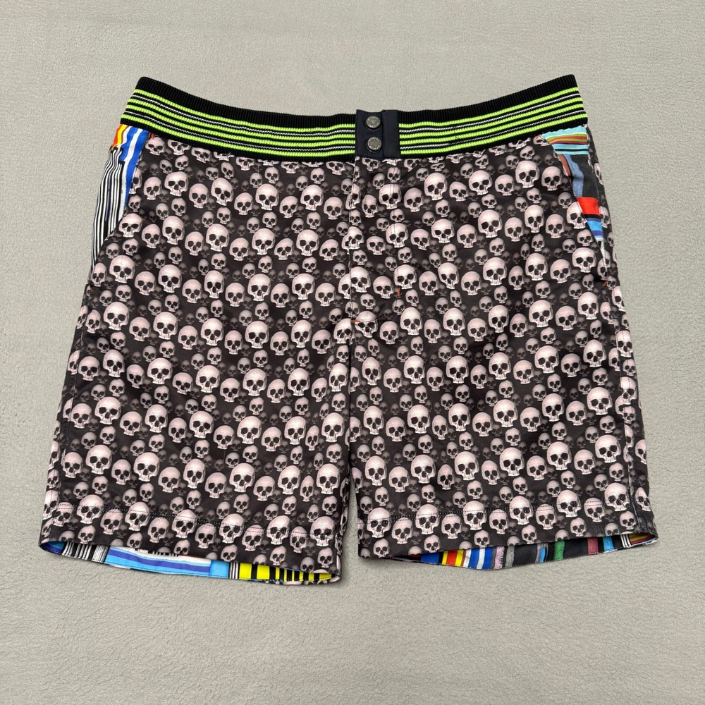 Robert Graham Swim Shorts Men 34 Black Skull Print Board Shorts Trunks